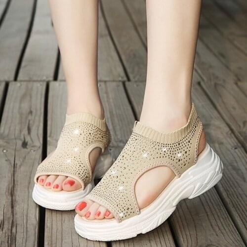 Ladies sandals wedge heel shoes summer platform sandals womens shoes womens open-toe knit womens sports shoes casual 2021