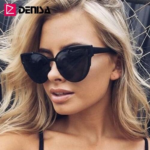 DENISA Vintage Cateye Sunglasses Women Luxury Brand Blue Mirror Sun Glasses Retro Black Shades For Women UV Protection G9018