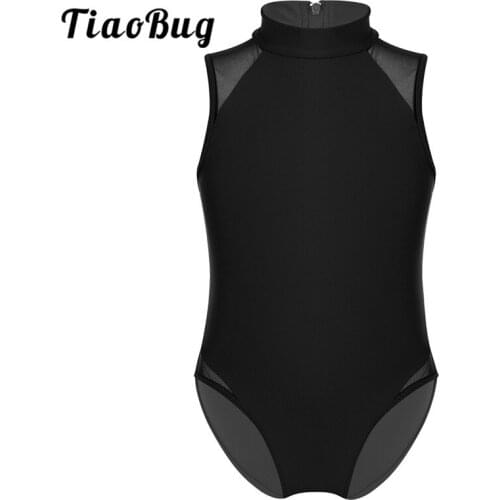 TiaoBug Kids Teens Mesh Splice Sleeveless Back Zipper Sports Gym Bodysuit Children Girls Ballet Gymnastics Leotard Dance Costume