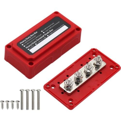 300A M8 48V Heavy Duty 4-Way Red Shell Busbar Box Suitable for RV Cars and Ships