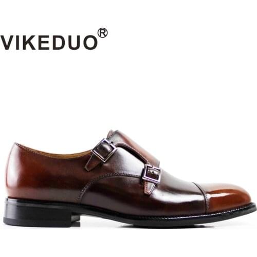 VIKEDUO Vintage Retro handmade Male Genuine Leather Shoes Party Office Wedding Dress Shoe luxury Original Design Men Monk Shoes