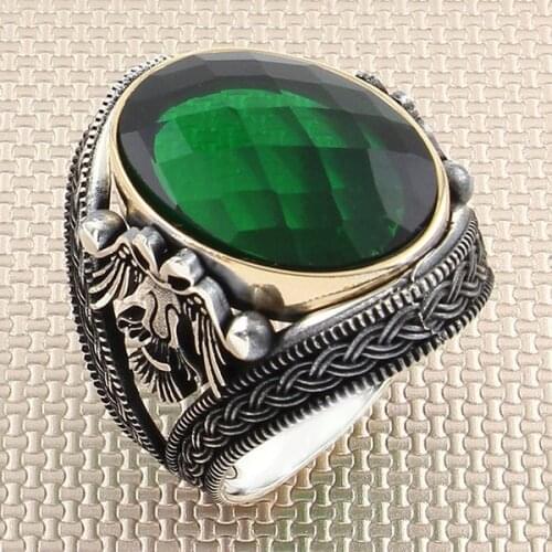 Vintage Seljuk Eagle Silver Ring Oval Green Zircon Stone Men Silver Ring Made in Turkey Solid 925 Sterling Silver