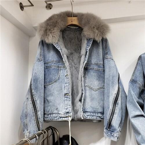 Real Fur Collar Coat Winter Denim Jacket Women Natural Fur Collar Parkas Thick Warm Loose Rabbit Fur Liner Jeans Jacket Female