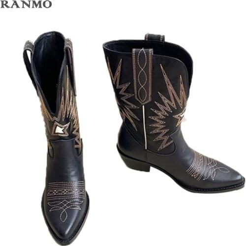 Western Cowboy Boots Women 2021 Autumn and Winter New Embroidered Mid-tube Boots Retro Martin Boots Thick Heel Knight Boots