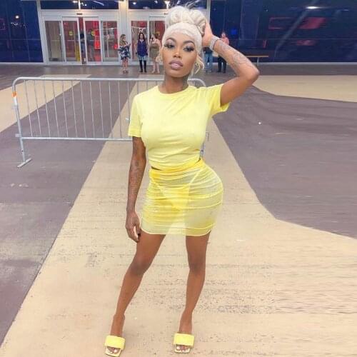 Yellow Sheer Mesh Sequin Splicing 3 Piece Dress Set Women Sexy Short Sleeve T-shirts+underpant+see Through Sheath Skirt Outfit