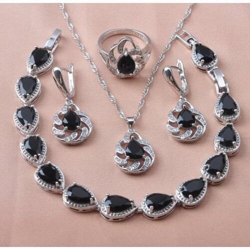 For Women Wedding Silver Color Jewelry Sets Black Zirconia Bracelet Pendant Drop Earrings Rings Set Engagement Gifts YZ0629