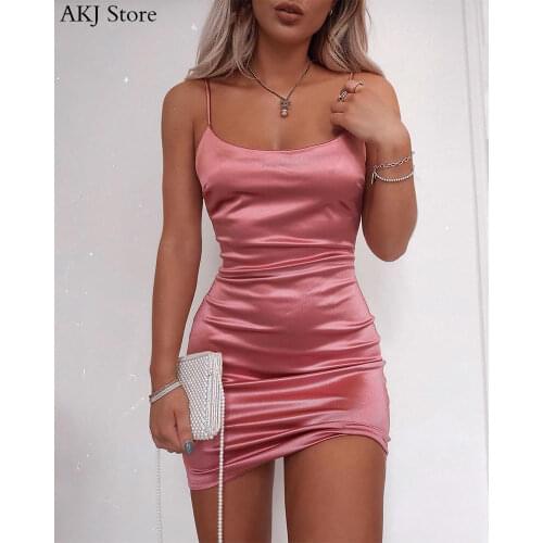 Women Sexy Satin Bodycon Dress Slim Fit Clubwear Sheath spaghetti strap Dress