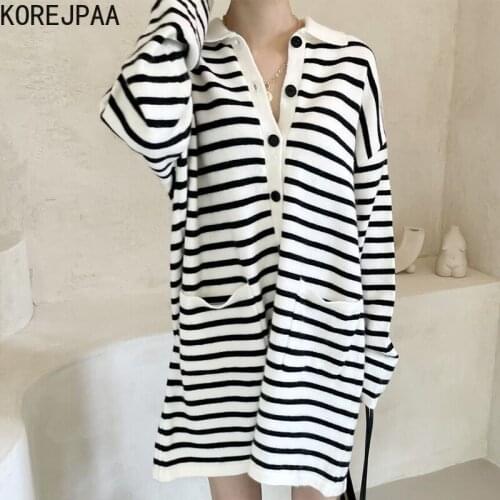 Korejpaa Women Dress 2021 Autumn Korea Elegant Temperament Ladies Lazy Lapel Contrast Stripe Single-Breasted Knitted Vestidos
