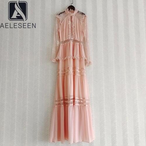 AELESEEN Maxi Party Lace Dress 2021 Spring Autumn Runway Fashion Pink Full-Lenght Ruffles Elegant Ladies Holiday Dress