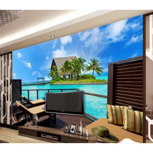 Custom 3d wallpaper Modern and simple observation deck open-air balcony with sea view 3d wallpaper mural wall painting