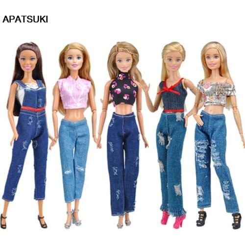 5Set Fashion Outfits For Barbie Doll Short Top & Jeans Pants Trousers Handmade Clothes For Barbie Dollhouse 1/6 Doll Accessories