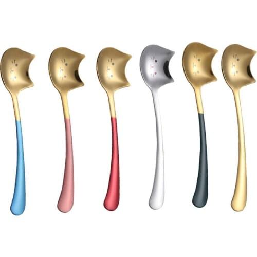 6pcs Stainless Steel Coffee Stirring Spoon Cat Shape Long Handle Ice Cream Dessert Spoon Teaspoon Kitchen Tableware