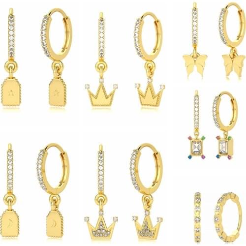 Aide 925 Sterling Silver Zircon Butterfly Pendant Hoop Earrings Square Crystal Star Moon Crown Charm Huggie Earrings for Women