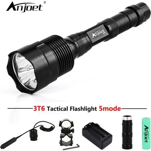 ANJOET Tactical Flashlight Aluminum Alloy Lantern 6000Lm XML 3xT6 light 5 Mode LED Torch+Battery+Charger+Remote Switch+Gun Mount