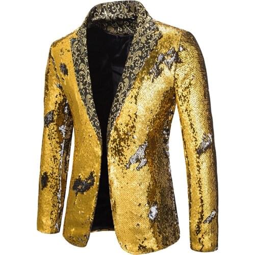 Shiny Sequin Blazer Men Gold Silver Double-color Sequins Suit Jacket Men Stage Singer Costume Homme Nightclub Prom Blazer Hombre