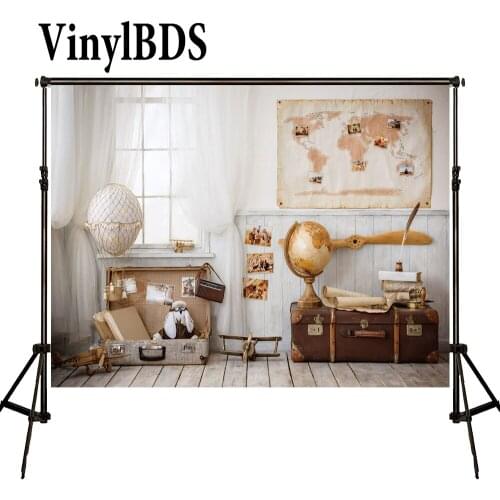VinylBDS Cartoon ChildrenS Room Backdrop for Kids White Brick Wall and Wooden Photo Globe Trunk Backdrop White Curtain Backdrop