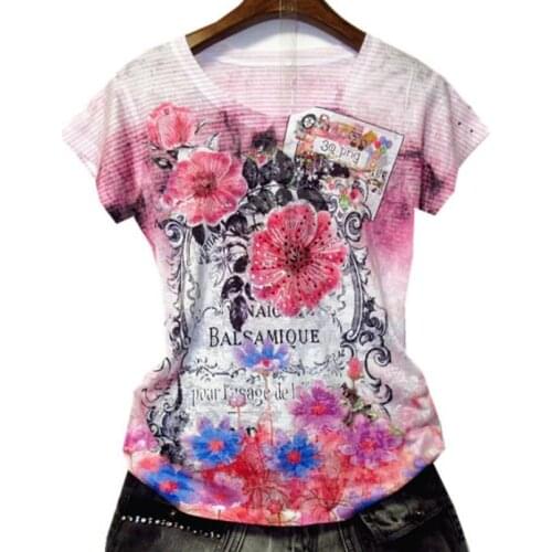 2020 summer new silk cotton printed t-shirt women short-sleeved hot drilling fashion top tees plus size