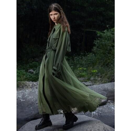 IRINACH327 Spring Summer 2021 Original Design New Arrivals Army Green Mesh Patchwork Coat Long Trench Women