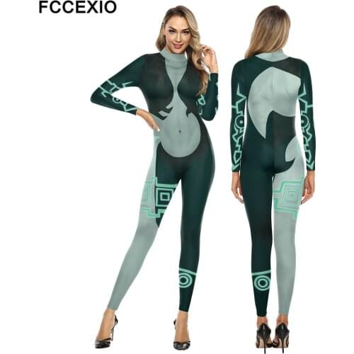 FCCEXIO The Party Series Cosplay Hero Costume Print Jumpsuit Plus Size Long Sleeve Sexy Women Skinny Jumpsuit Elastic Bodysuits