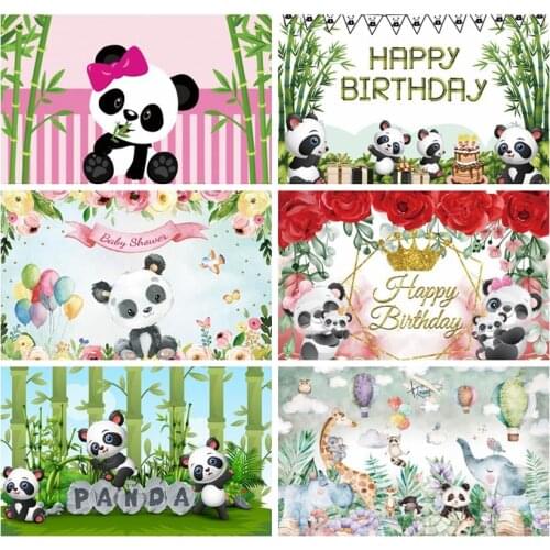 Laeacco Birthday Photography Backdrops Pink White Stripes Flowers Panda Bamboos Photographic Backgrounds Baby Shower Photocall