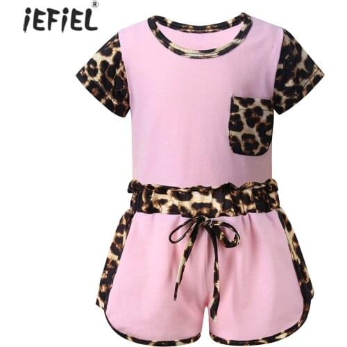 2Pcs Girls Summer Clothes Leopard Print Spliced Short Sleeve T-Shirt and Drawstring Shorts Sport Workout Toddler Kids Clothes