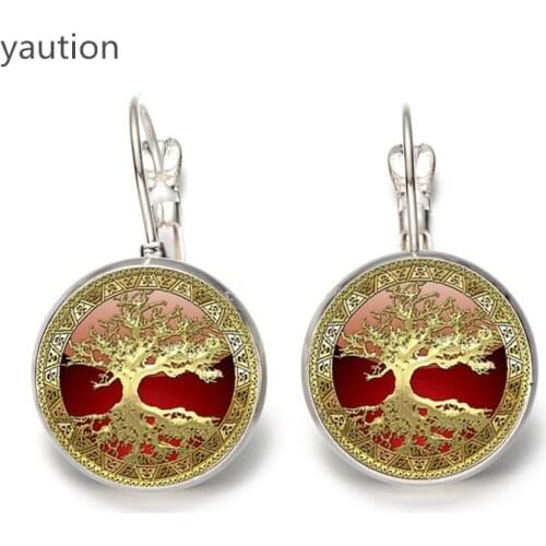 Hot! Fashion Best-Selling Colorful Tree Of Life Earrings Chain Glass Cabochon Stud Jewelry Fashion Female Essential Earrings
