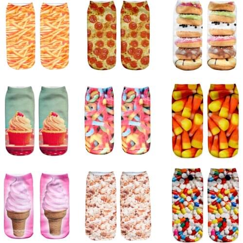 Food Ice cream/burger/fries/pizza 3D Printed cute cotton Low Ankle socks for women casual harajuku short socks 19 styles