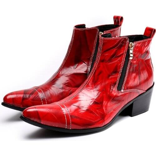 New Designer Wine Red Genuine Leather Mens Boots Fashion Print Zipper Pointed Toe Party Cowboy Shoes Chelsea Boots Men