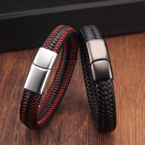 High Quality Braided Chain Link Genuine Leather Male Men Bracelets Stainless Steel Magnetic Buckle Fashion Charm Bracelets