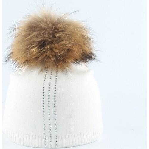 Autumn Winter Knit Hat Kid Boy Girl Cashmere Rhinestone Beanie Real Raccoon Fur Pom Pom Warm Outdoor Skiing Accessory For Baby