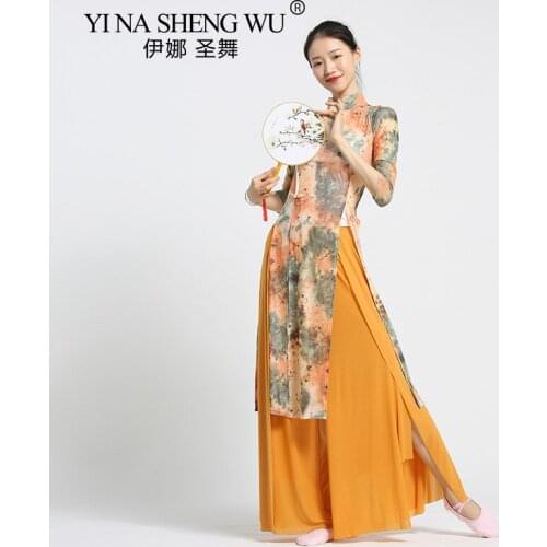 Yellow Printing Cheongsam Women Flowy Classical Dance Dress Long Shirt Folk Dance Performance Clothing Basic Wear Light Weight