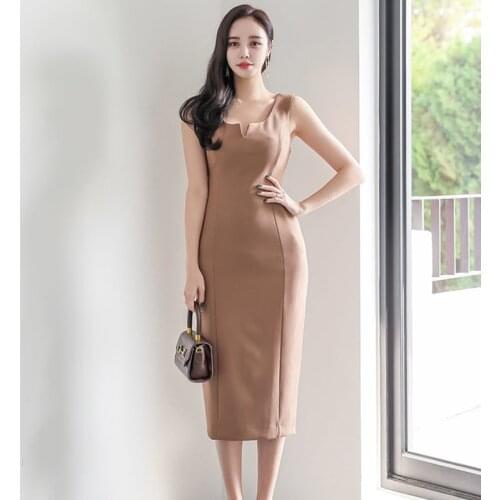 New arrival fashion summer korean OL profession midi dress women elegant temperament v-neck sleeveless slim simple pencil dress