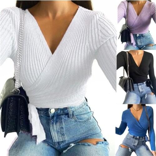 Sexy Deep V Neck Sweater Womens Pullover Casual Slim Bottoming Sweaters Female Elastic Cotton Long Sleeve Tops FemmeS-5XL
