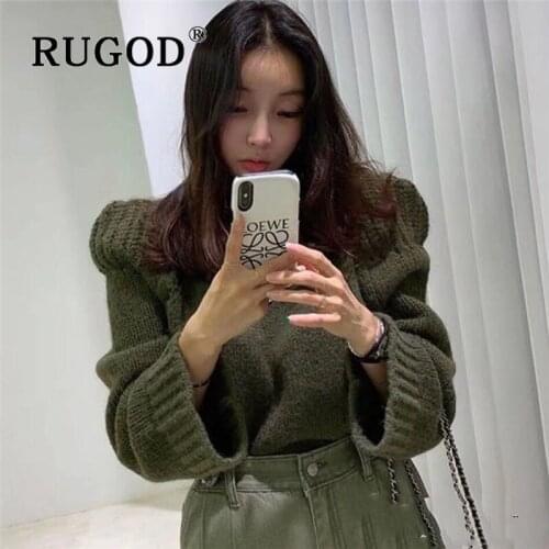 RUGOD 2019 New Women Knitted Sweater Korean Chic Fashion Loose Knitted Sweater O-neck Irregular Shoulder Puff Sleeves Sweater