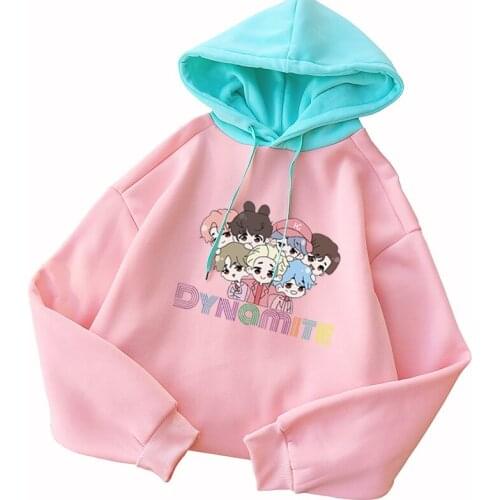 Autumn Winter Fleece Hoodie Loose Casual Spell Color Stitching Sweatshirts Women Korean Bangtan Boys Dynamite Cartoon Print Tops