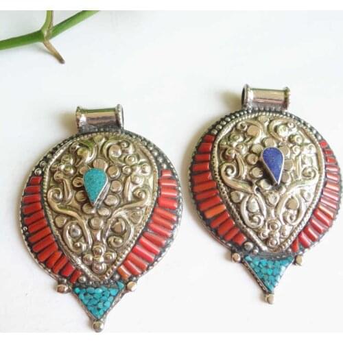 TBP444 Nepal Hand Vintage Pendants Copper Inlaid Colorful Stone Coral Multi Colors
