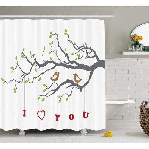 I Love You Shower Curtain Valentines Birds on A Tree Branch Romance Spring Inspiration Artwork Home Decor Bathroom Curtains