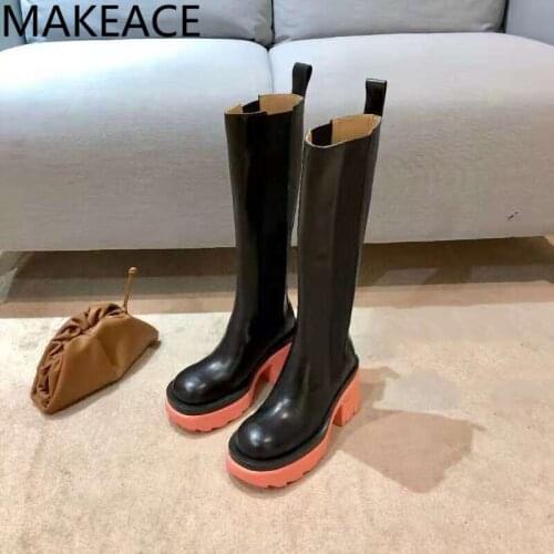 New Women Ankle Boots Thick Sole Chunky High Heel Chelsea Boots Ladies Slip-on Long Booties Round Toe Boots 2021 Autumn 7 cm