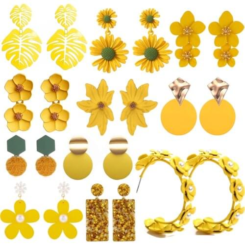 Yellow Color Cute Flower Earrings for Women Statement Vintage Geometric Round Leaf Dangle Drop Earring 2021 Girl Fashion Jewelry