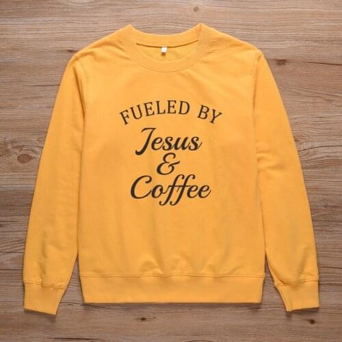 ONSEME Fueled By Jesus & Coffee Sweatshirt Women Religious Christian Graphic Crewneck Pullovers Femme Bible Slogan Hoodies