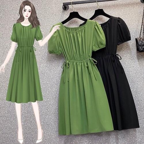 Kekeplus Store L-4XL Oversized Women Dress 2021 Summer New Fashion Pleated Slim Waist Mide Dresses Large Size Clothing 183101