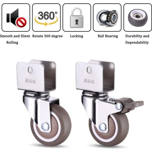 1.5/ 2 Inch Swivel Caster Wheels Crib Rubber Caster Wheels U-Bracket Caster With Brake No Noise Wheel For Crib Bookcase Cabinet