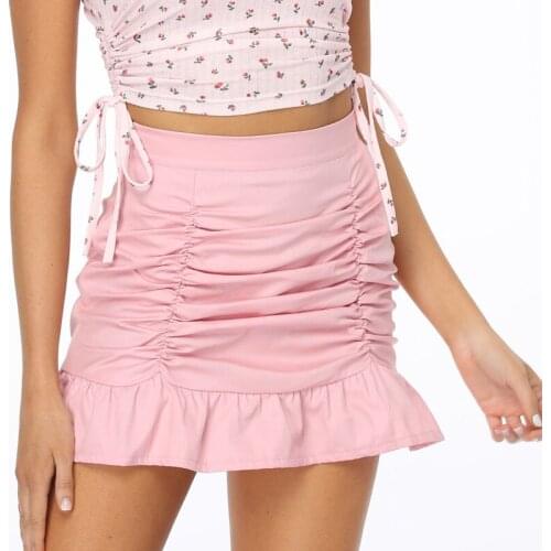 AIUJXK Spring Summer 2021 Women Fashion Skirt High Waist Pink White Sweet Rullfes Pleated Skirts Woman Casual Mini Jupe