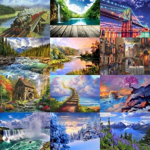 DIY 5D Diamond Painting Landscape Waterfall Sea River Train Embroidery Mosaic Cross Stitch Square&Round Drill Home Decor