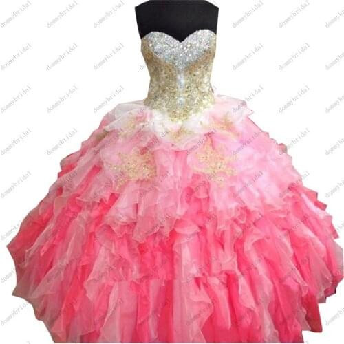 2021 New Cheap Ball Gown Quinceanera Prom Formal Dresses for 15 Year Girls Sweet 16 Ombre Gradiant Ruffles Gold Lace Crystal