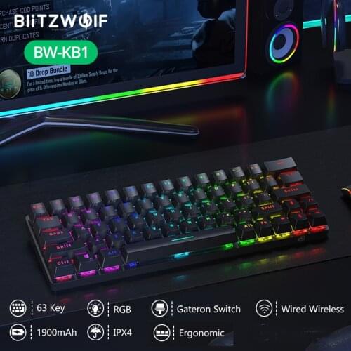 BlitzWolf BW-KB1 bluetooth 5.0 Wireless Mechanical Keyboard Type-C Gaming Keyboard Gateron Switch RGB 63 Keys Brown Black Switch
