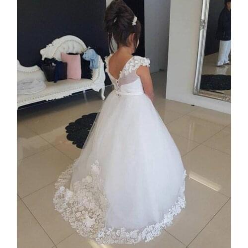 Formal Kids Flower Girl Dresses Jewel Lace 3D Applique Sweep Train Girls Pageant Dresses For Wedding Birthday Party Girl Dresses