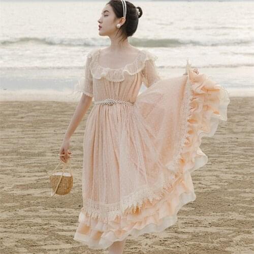 French Niche Net Yarn Wave Point Sweet Gentle Fairy Dress Summer Forest Retro Lace Ruffled Princess Dress Lolita