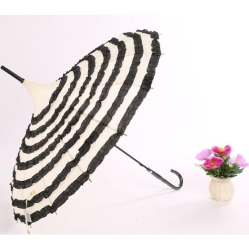 Hot sell 10pcs/lot Princess Stripe Frill Pagoda Umbrella,ivory with black frill deocration Wedding Umbrella