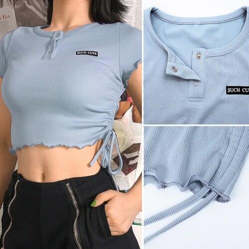 Kili Women Streetwear Sexy Pleated Bandage T Shirt Harajuku Letter Print Short Sleeve